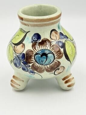 Vintage Mexican Folk Art Tonala Pottery Tripod Vase Decor